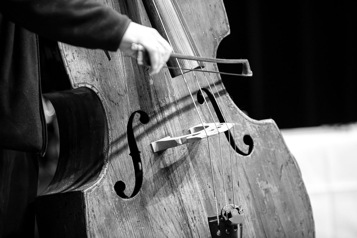 Kontrabass beim Spielen, Nahaufnahme in Schwarzweiß
